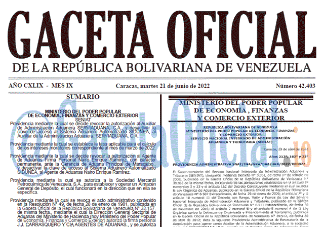 Venezuela Gaceta Oficial 42403 del 21 junio 2022