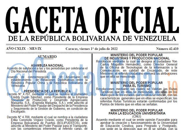 Venezuela Gaceta Oficial 42410 del 1 julio 2022 Venezuela Gaceta Oficial 42410 del 1 julio 2022