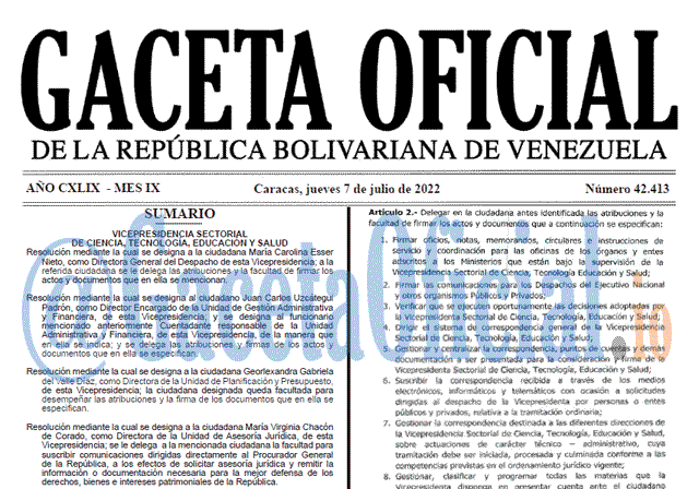 Venezuela Gaceta Oficial 42413 del 7 julio 2022