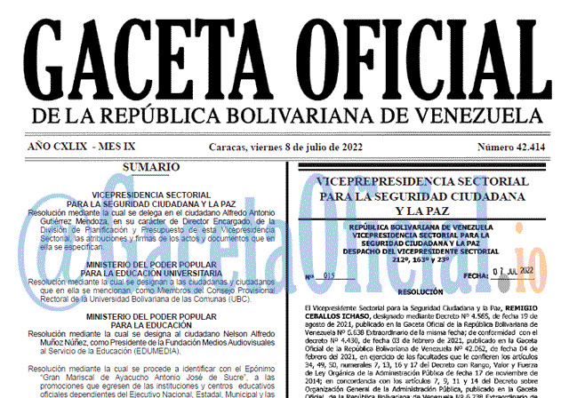 Venezuela Gaceta Oficial 42414 del 8 julio 2022 Venezuela Gaceta Oficial 42414 del 8 julio 2022