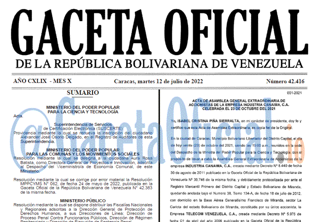 Venezuela Gaceta Oficial 42416 del 12 julio 2022 Venezuela Gaceta Oficial 42416 del 12 julio 2022