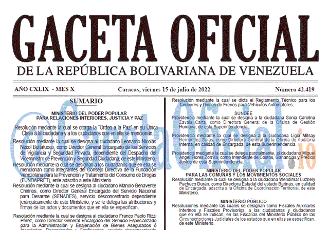 Venezuela Gaceta Oficial 42419 del 15 julio 2022