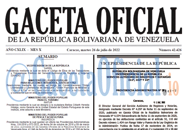 Venezuela Gaceta Oficial 42426 del 26 julio 2022 Venezuela Gaceta Oficial 42426 del 26 julio 2022