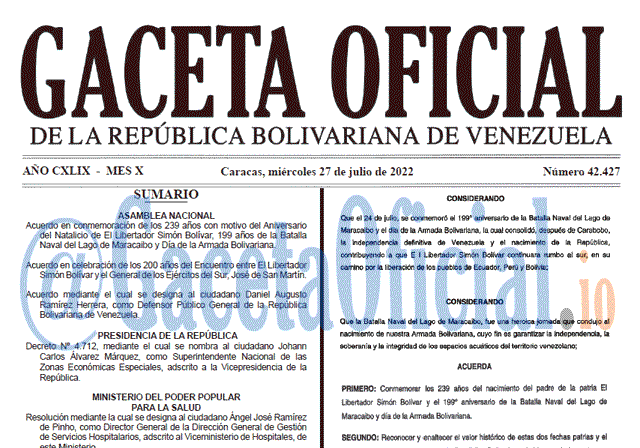 Venezuela Gaceta Oficial 42427 del 27 julio 2022 Venezuela Gaceta Oficial 42427 del 27 julio 2022