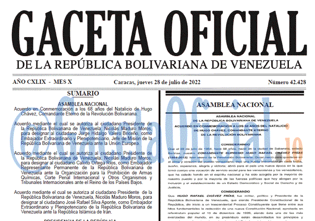 Venezuela Gaceta Oficial 42428 del 28 julio 2022