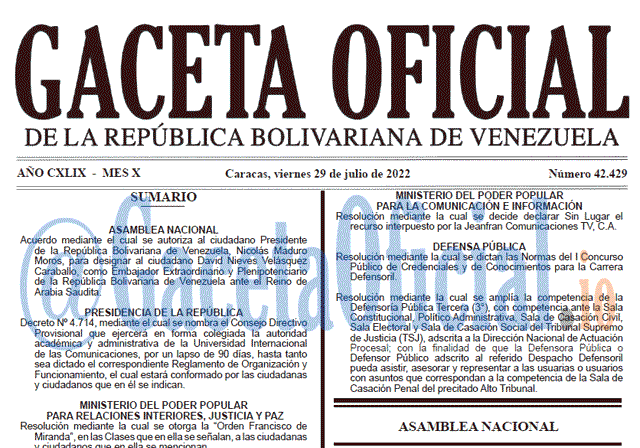 Venezuela Gaceta Oficial 42429 del 29 julio 2022 Venezuela Gaceta Oficial 42429 del 29 julio 2022