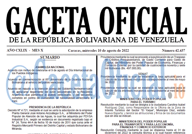 Venezuela Gaceta Oficial 42437 del 10 agosto 2022