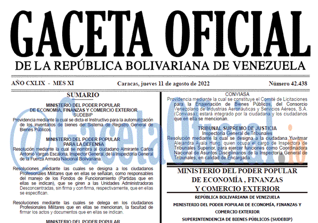 Venezuela Gaceta Oficial 42438 del 11 agosto 2022
