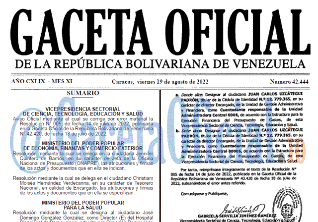 Venezuela Gaceta Oficial 42444 del 19 agosto 2022 Venezuela Gaceta Oficial 42444 del 19 agosto 2022