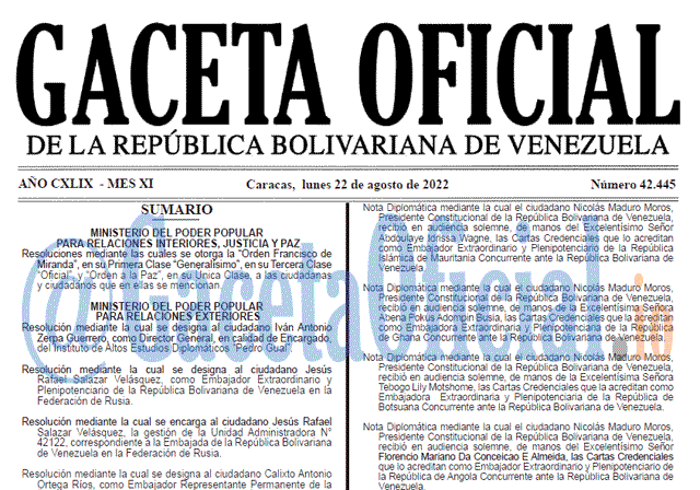 Venezuela Gaceta Oficial 42445 del 22 agosto 2022