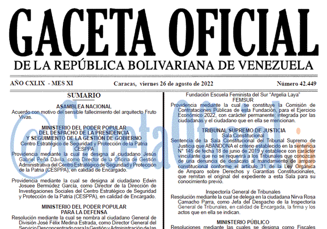 Venezuela Gaceta Oficial 42449 del 26 agosto 2022