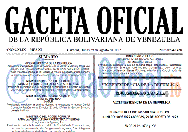 Venezuela Gaceta Oficial 42450 del 29 agosto 2022