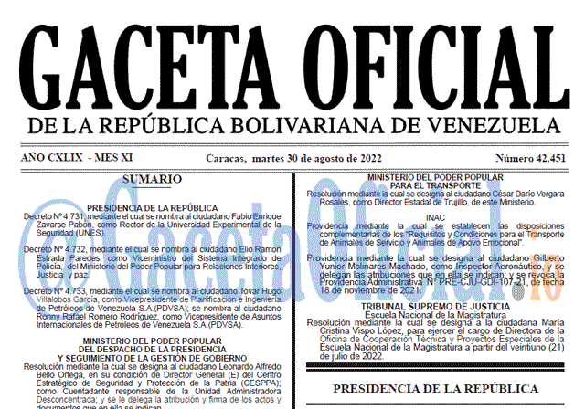 Venezuela Gaceta Oficial 42451 del 30 agosto 2022