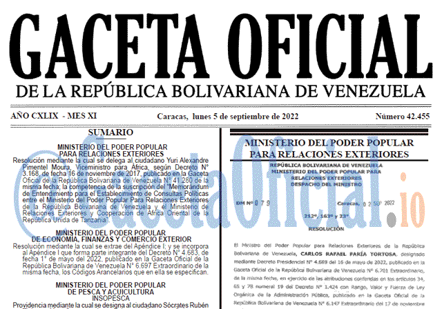 Venezuela Gaceta Oficial 42455 del 5 septiembre 2022