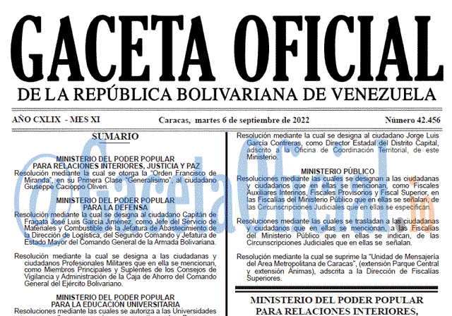 Venezuela Gaceta Oficial 42456 del 6 septiembre 2022