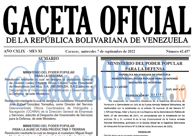 Venezuela Gaceta Oficial 42457 del 7 septiembre 2022