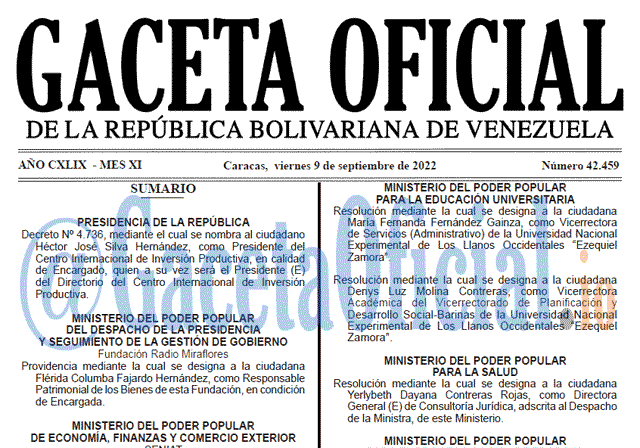 Venezuela Gaceta Oficial 42459 del 9 septiembre 2022