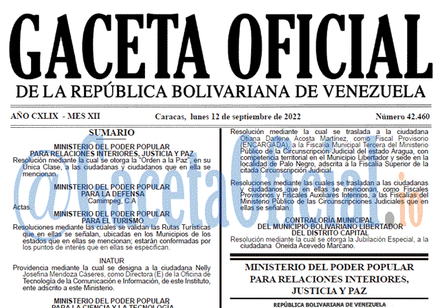 Venezuela Gaceta Oficial 42460 del 12 septiembre 2022