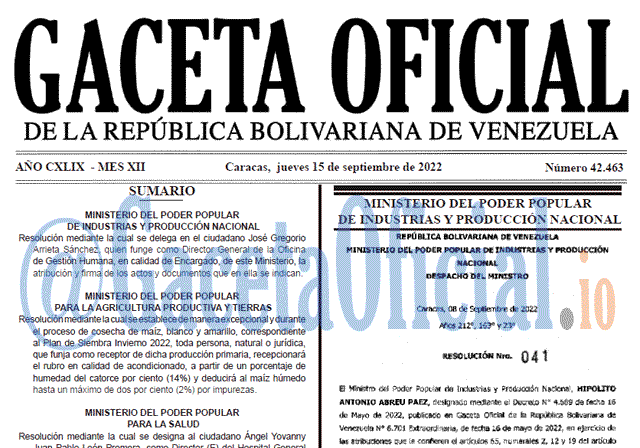 Venezuela Gaceta Oficial 42463 del 15 septiembre 2022