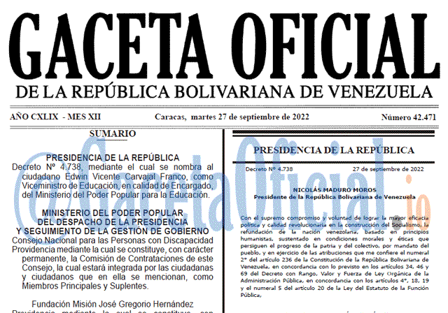 Venezuela Gaceta Oficial 42471 del 27 septiembre 2022