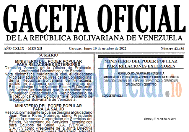 Gaceta Oficial Venezuela 42480 del 10 octubre 2022