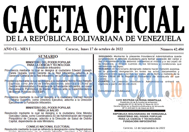 Gaceta Oficial Venezuela #42484 del 17 octubre 2022