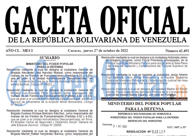 Gaceta Oficial Venezuela #42492 del 27 octubre 2022