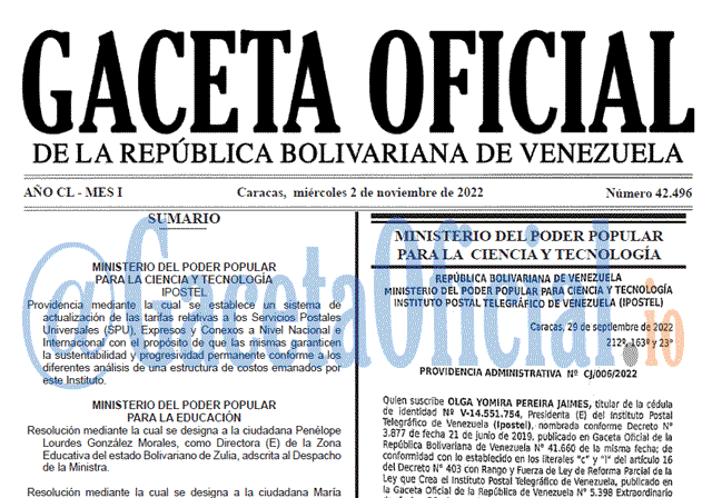 Gaceta Oficial Venezuela #42496 del 2 noviembre 2022