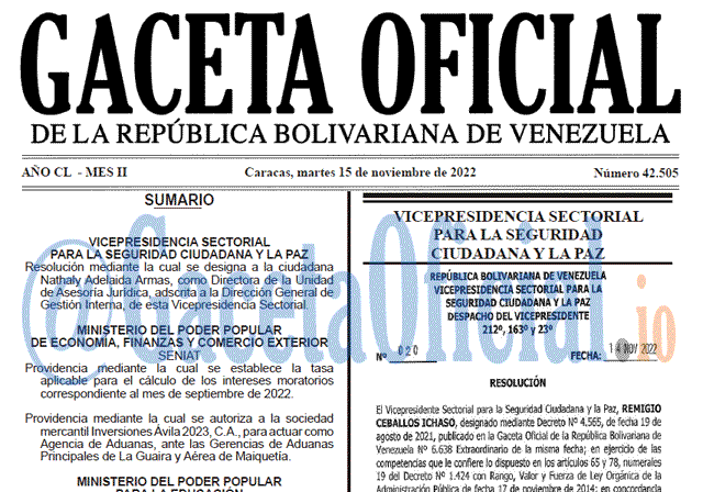 Gaceta Oficial, Gaceta Oficial 42505, Gaceta 42505, Gaceta Oficial Venezuela #42505 del 15 noviembre 2022