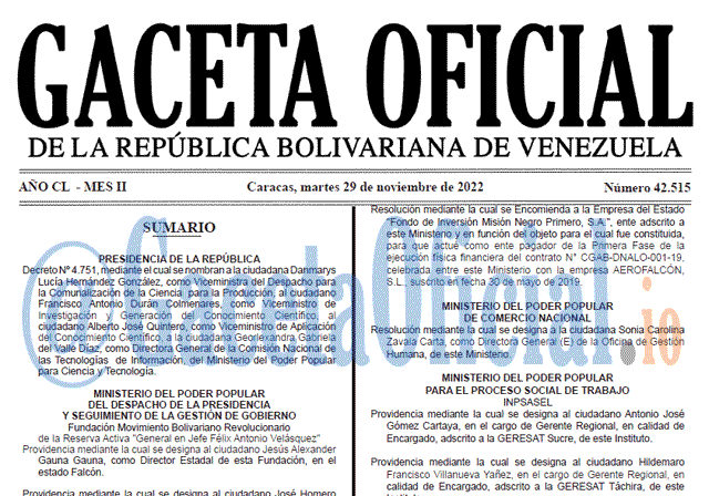 Gaceta Oficial, Gaceta 42515, Gaceta #42515, Gaceta Oficial Venezuela #42515