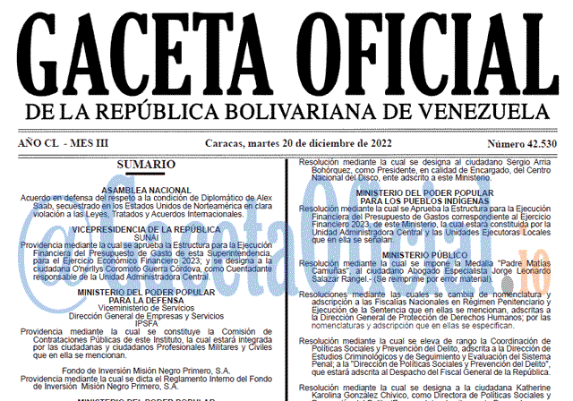 Venezuela Gaceta Oficial 42530 del 20 diciembre 2022 Gaceta Oficial, Gaceta 42530, Gaceta #42530, Gaceta Oficial Venezuela #42530