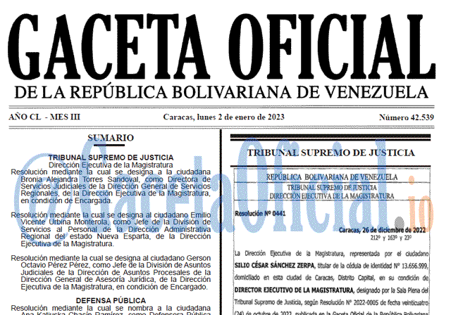Venezuela Gaceta Oficial 42539 del 2 enero 2023 Gaceta Oficial, Gaceta 42539, Gaceta #42539, Gaceta Oficial Venezuela #42539