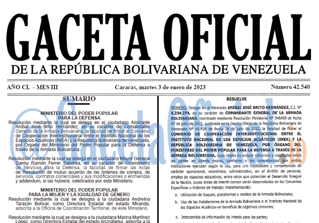 Venezuela Gaceta Oficial 42540 del 3 enero 2023 Gaceta Oficial, Gaceta 42540, Gaceta #42540, Gaceta Oficial Venezuela #42540