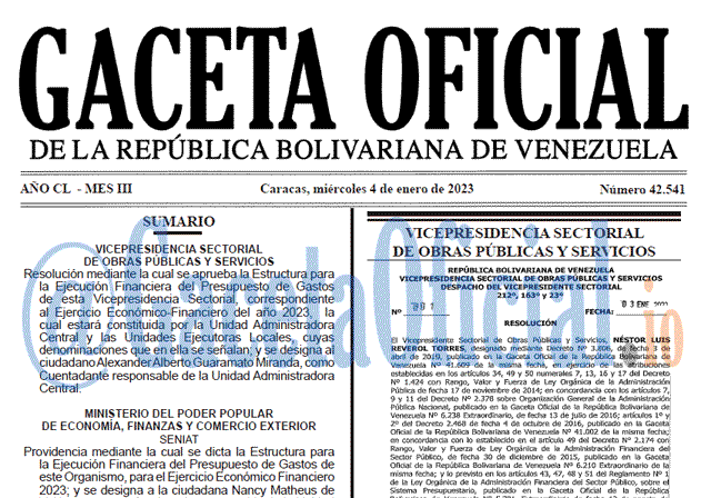 Venezuela Gaceta Oficial 42541 del 4 enero 2023 Gaceta Oficial, Gaceta 42541, Gaceta #42541, Gaceta Oficial Venezuela #42541