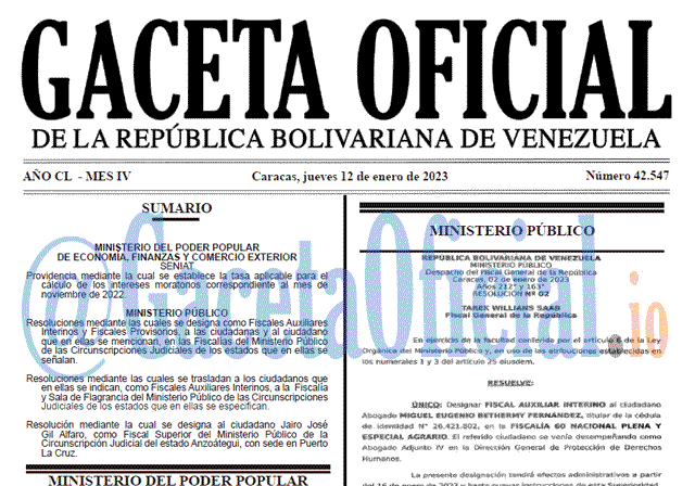 Venezuela Gaceta Oficial 42547 del 12 enero 2023 Gaceta Oficial, Gaceta 42547, Gaceta #42547, Gaceta Oficial Venezuela #42547