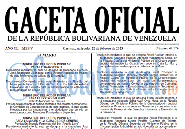 Gaceta Oficial, Gaceta 42574, Gaceta #42574, Gaceta Oficial Venezuela #42574