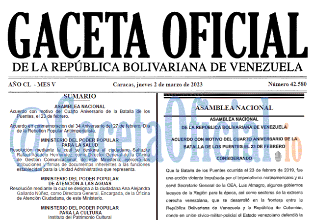 Gaceta Oficial, Gaceta 42580, Gaceta #42580, Gaceta Oficial Venezuela #42580