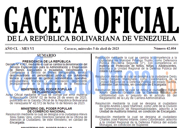 Gaceta Oficial, Gaceta 42604, Gaceta #42604, Gaceta Oficial Venezuela #42604