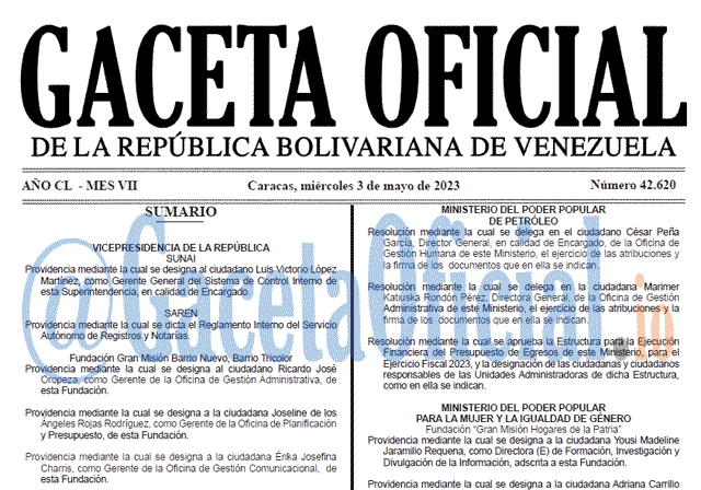 Gaceta Oficial, Gaceta 42620, Gaceta #42620, Gaceta Oficial Venezuela #42620