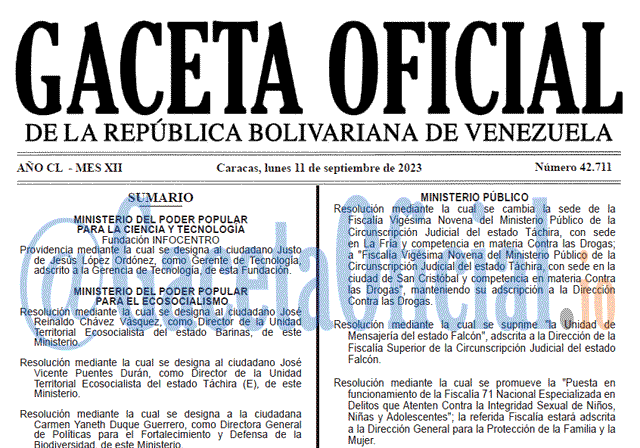 Venezuela Gaceta Oficial 42711 del 11 septiembre 2023 Gaceta Oficial, Gaceta 42711, Gaceta 42711 HD, Gaceta #42711, Gaceta Oficial Venezuela #42711