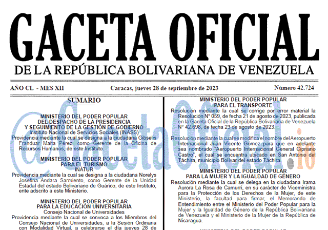 Venezuela Gaceta Oficial 42724 del 28 septiembre 2023 Gaceta Oficial, Gaceta 42724, Gaceta 42724 HD, Gaceta #42724, Gaceta Oficial Venezuela #42724
