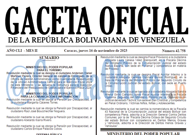 Venezuela Gaceta Oficial 42758 del 16 noviembre 2023 Gaceta Oficial, Gaceta 42758, Gaceta 42758 HD, Gaceta #42758, Gaceta Oficial Venezuela #42758