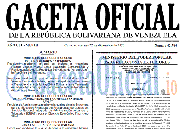 Venezuela Gaceta Oficial 42784 del 22 diciembre 2023 Gaceta Oficial, Gaceta 42784, Gaceta 42784 HD, Gaceta #42784, Gaceta Oficial Venezuela #42784