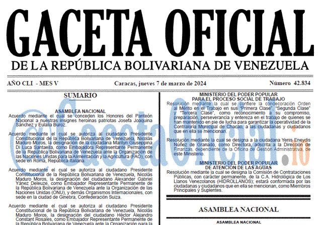 Venezuela Gaceta Oficial 42834 del 7 Marzo 2024 Gaceta Oficial, Gaceta 42834, Gaceta 42834 HD, Gaceta #42834, Gaceta Oficial Venezuela #42834