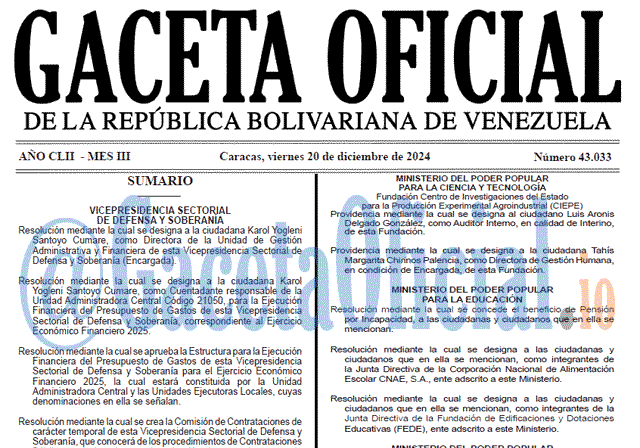 Gaceta Oficial, Gaceta 43033, Gaceta 43033 HD, Gaceta #43033, Gaceta Oficial Venezuela #43033