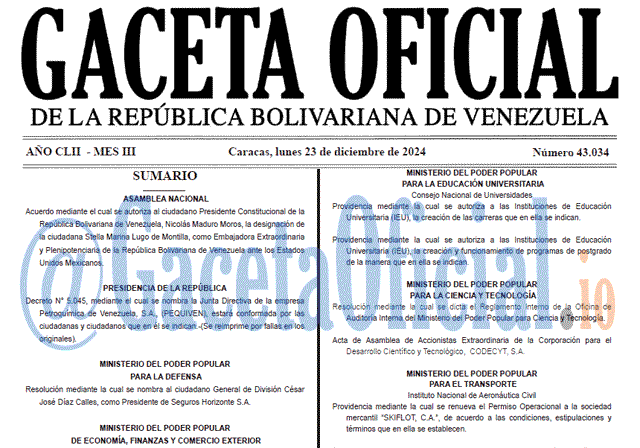 Venezuela Gaceta Oficial 43034 del 23 diciembre 2034 Gaceta Oficial, Gaceta 43034, Gaceta 43034 HD, Gaceta #43034, Gaceta Oficial Venezuela #43034