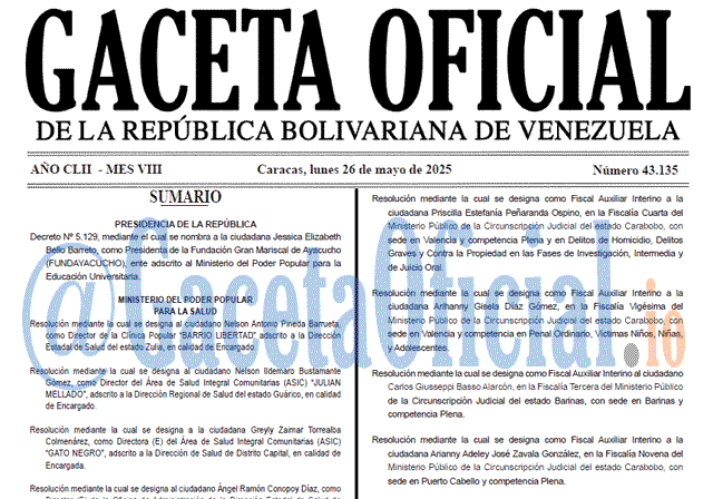 Venezuela Gaceta Oficial 43135 del 26 mayo 2025 Gaceta Oficial, Gaceta 43135, Gaceta 43135 HD, Gaceta #43135, Gaceta Oficial Venezuela #43135