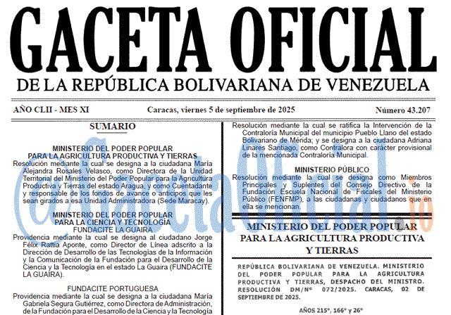 Venezuela Gaceta Oficial 43207 del 5 septiembre 2025 Gaceta Oficial, Gaceta 43207, Gaceta 43207 HD, Gaceta #43207, Gaceta Oficial Venezuela #43207