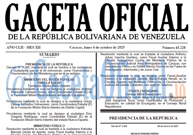 Venezuela Gaceta Oficial 43228 del 6 octubre 2025 Gaceta Oficial, Gaceta 43228, Gaceta 43228 HD, Gaceta #43228, Gaceta Oficial Venezuela #43228