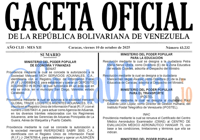 Venezuela Gaceta Oficial 43232 del 10 octubre 2025 Gaceta Oficial, Gaceta 43232, Gaceta 43232 HD, Gaceta #43232, Gaceta Oficial Venezuela #43232